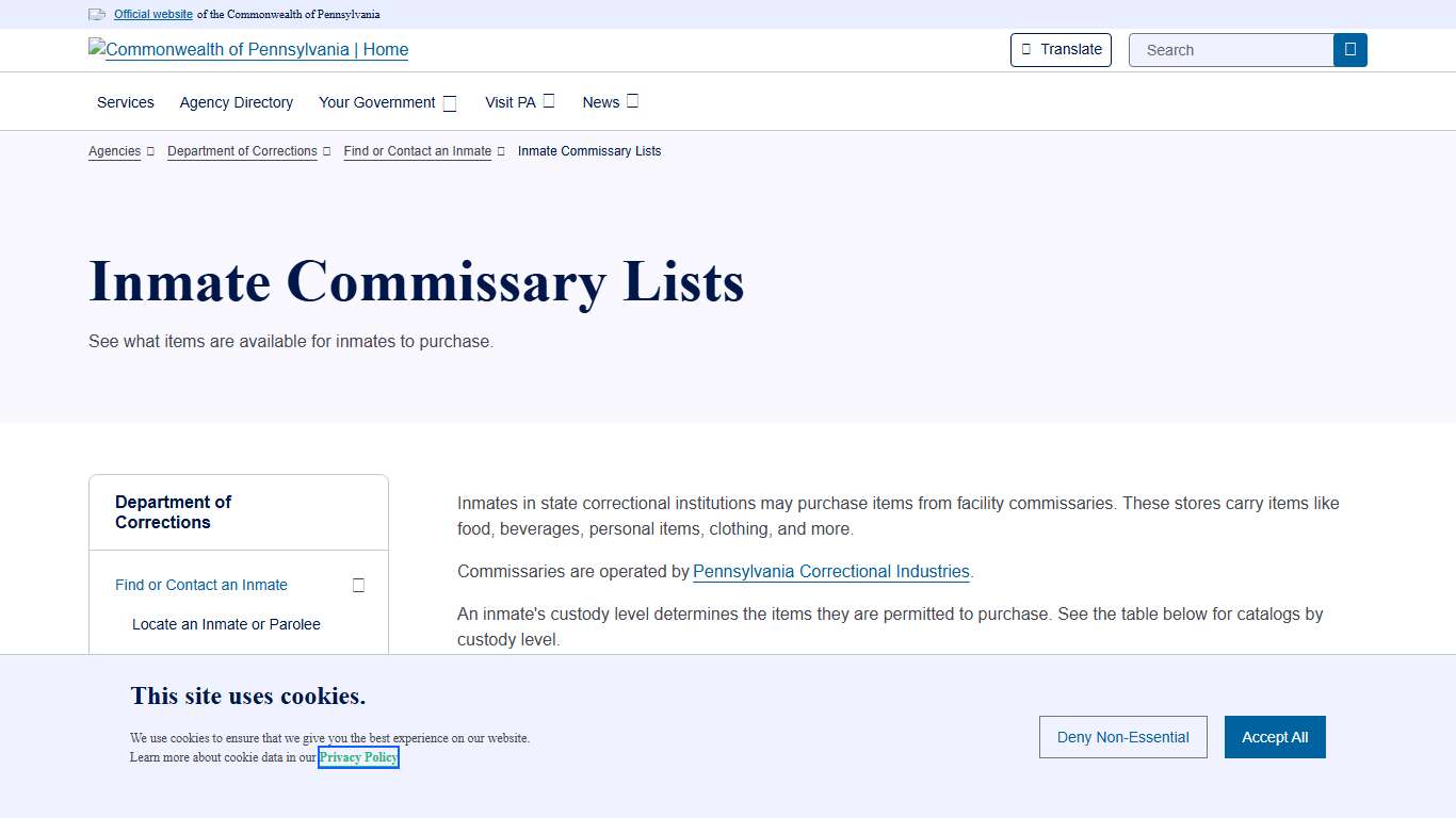 Inmate Commissary Lists Department of Corrections Commonwealth of Pennsylvania